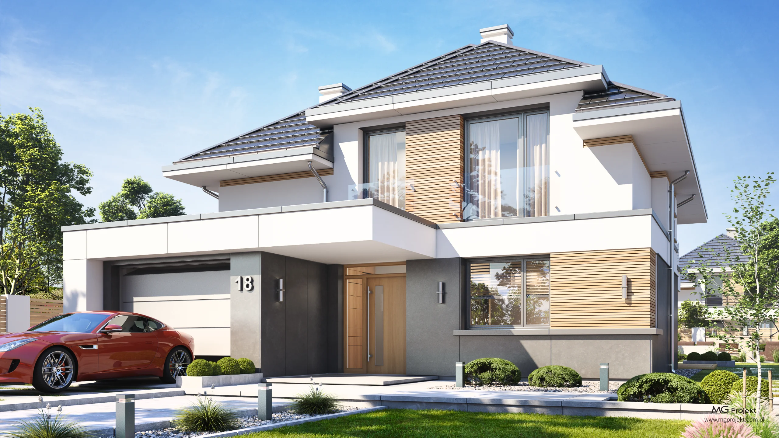 Budynek Domy Akacjowa widoczny z zewnątrz od strony drzwi wejściowych.